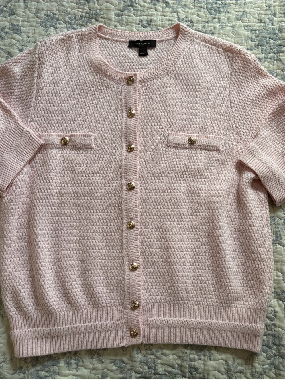 Ann Taylor Soft Pale Pink Short-Sleeve Cardigan with Gold Buttons